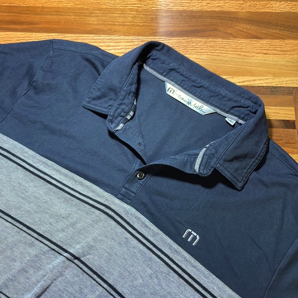 Travis Mathew Mens L Large blue-black gray stripe pima cotton golf polo shirt